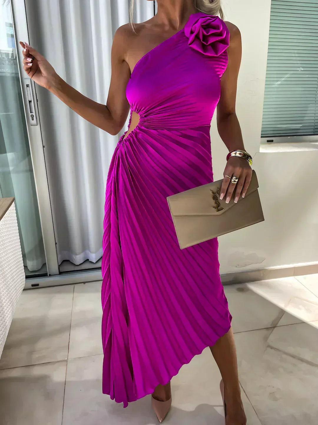Women's One-Shoulder Pleated Wedding Guest Dress | Midi