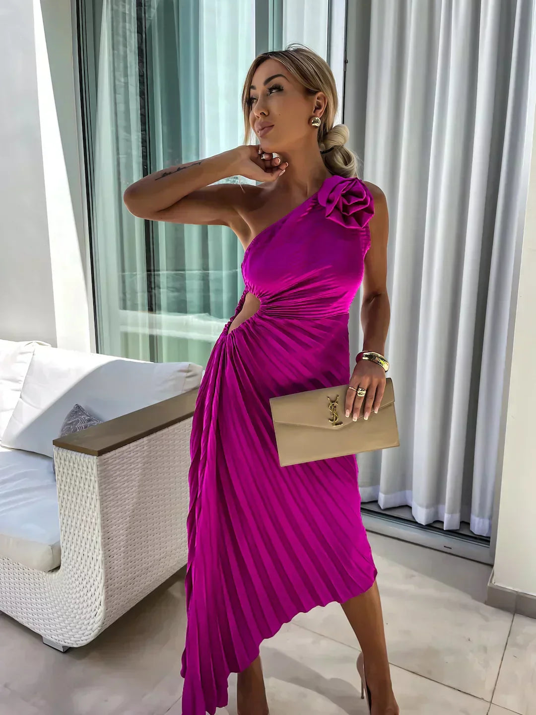 Women's One-Shoulder Pleated Wedding Guest Dress | Midi
