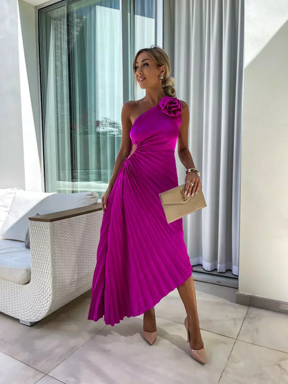 Women's One-Shoulder Pleated Wedding Guest Dress | Midi