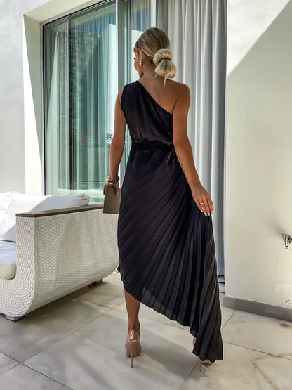 Women's One-Shoulder Pleated Wedding Guest Dress | Midi