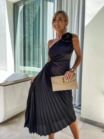 Women's One-Shoulder Pleated Wedding Guest Dress | Midi