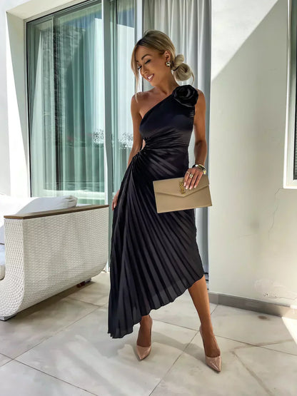 Women's One-Shoulder Pleated Wedding Guest Dress | Midi