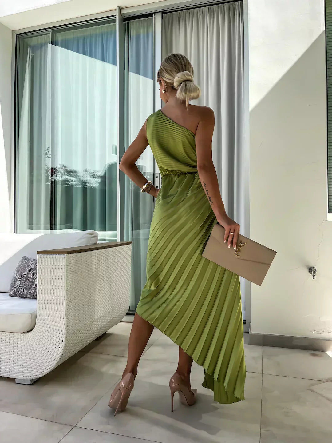 Women's One-Shoulder Pleated Wedding Guest Dress | Midi