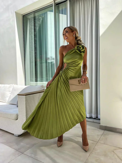 Women's One-Shoulder Pleated Wedding Guest Dress | Midi