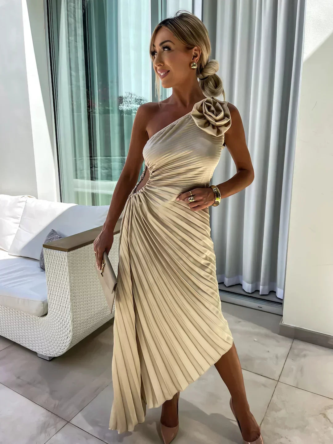 Women's One-Shoulder Pleated Wedding Guest Dress | Midi