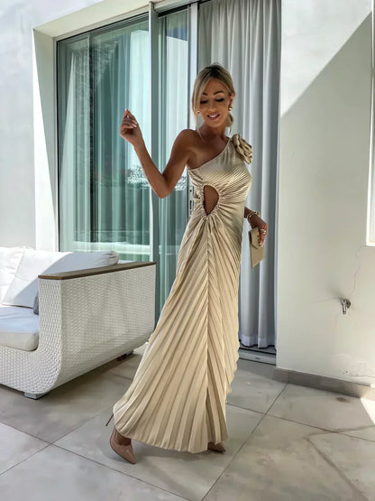 Women's One-Shoulder Pleated Wedding Guest Dress | Midi