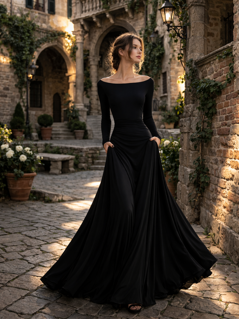 Women's Formal Black Evening Gown | Long Sleeve