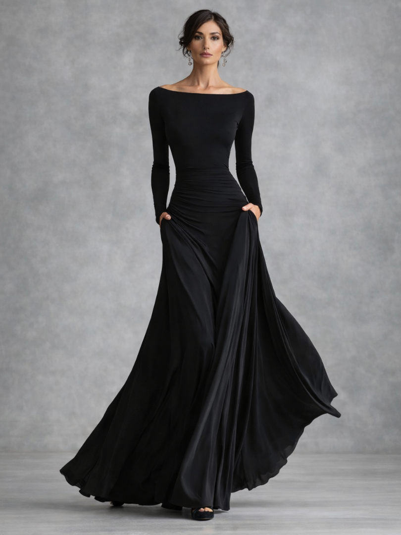 Women's Formal Black Evening Gown | Long Sleeve