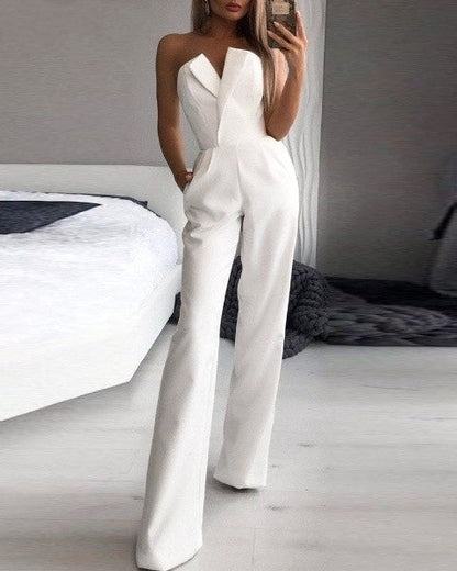 Women’s Strapless Wide Leg Jumpsuit | V-Neck