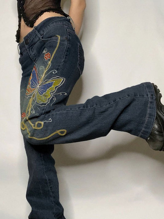 Vintage flare jeans met gewassen effect en vlinderprint