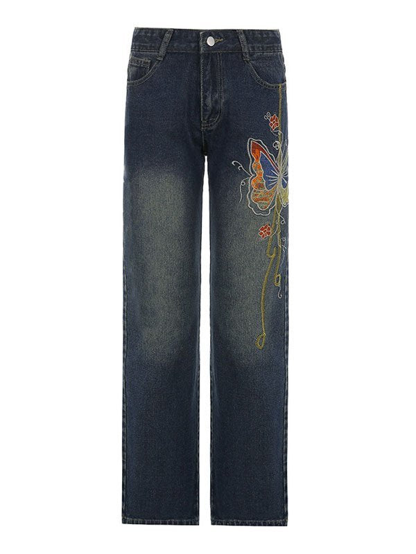 Vintage Washed Effect Flare Jeans with Butterfly Print