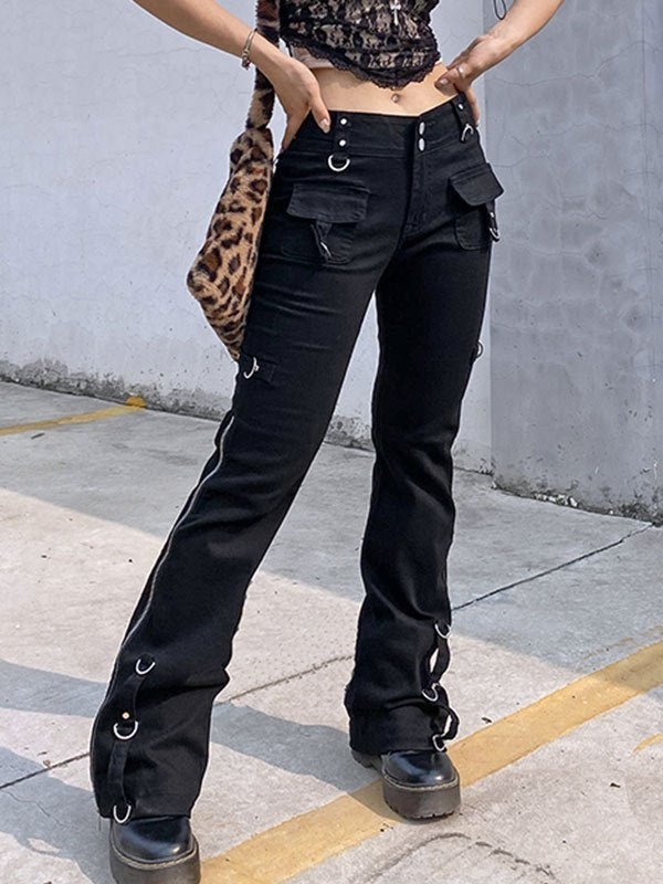 Flare Cargo Jeans with Low Waist and Zipper Detail