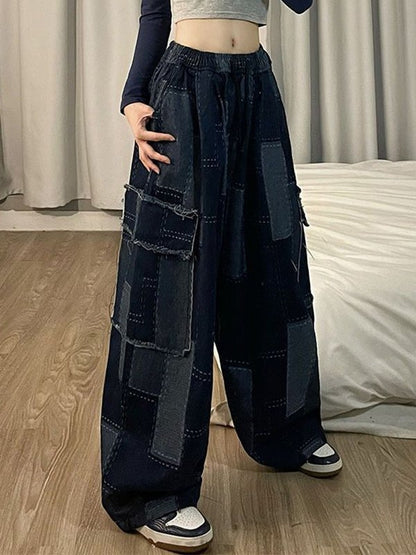 Blue Vintage Baggy Cargo Jeans with Checkered Pattern
