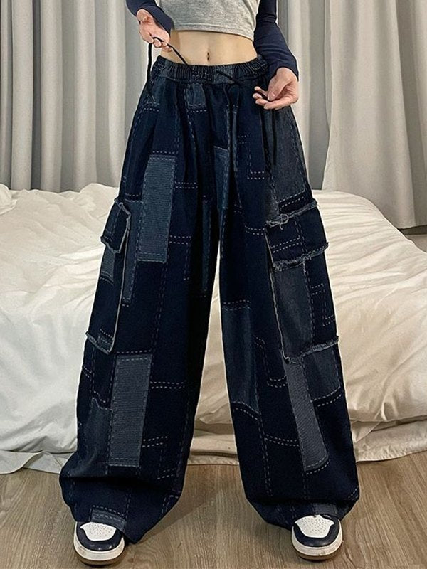 Blue Vintage Baggy Cargo Jeans with Checkered Pattern