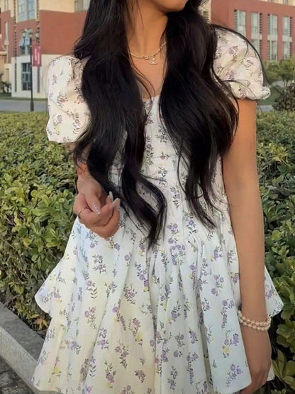 French Floral Corset Slim Mini Dress with Puff Sleeve