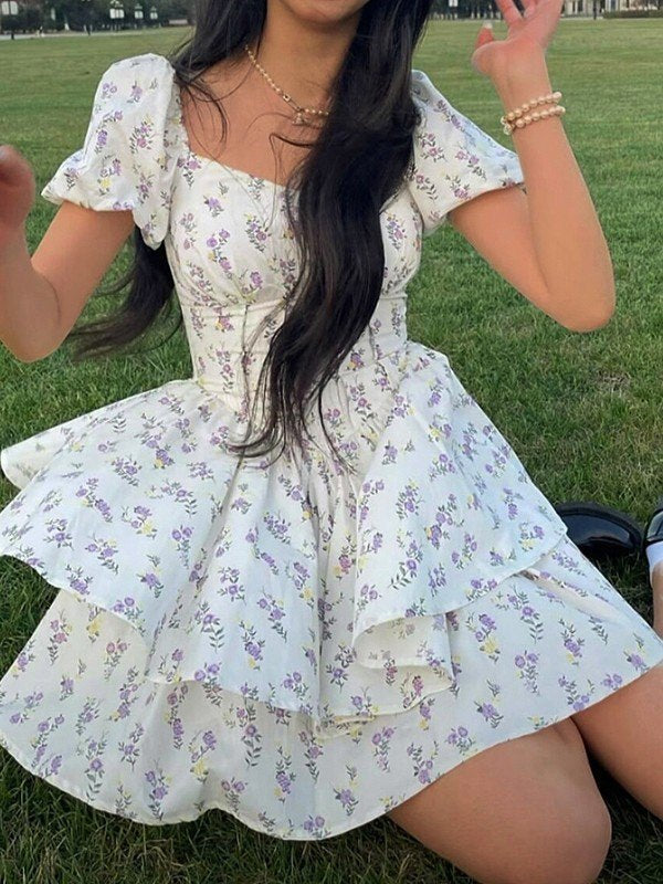 puff sleeve floral corset mini dress Vivienne White floral-lace corset mini dress XL / White