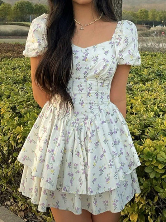 French Floral Corset Slim Mini Dress with Puff Sleeve