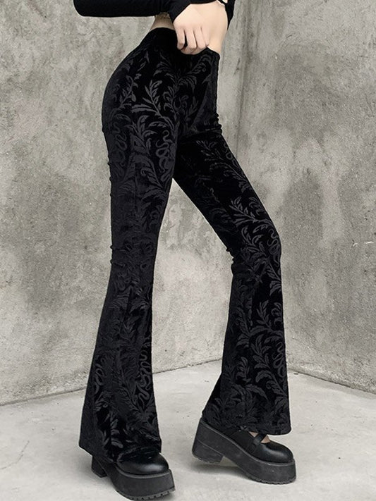 Zwarte vintage velours flare-broek met reliëf