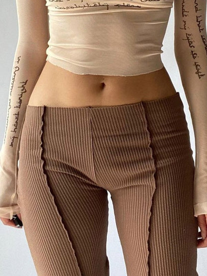 Brown Vintage Flare Leg Pants with Stitched Detail
