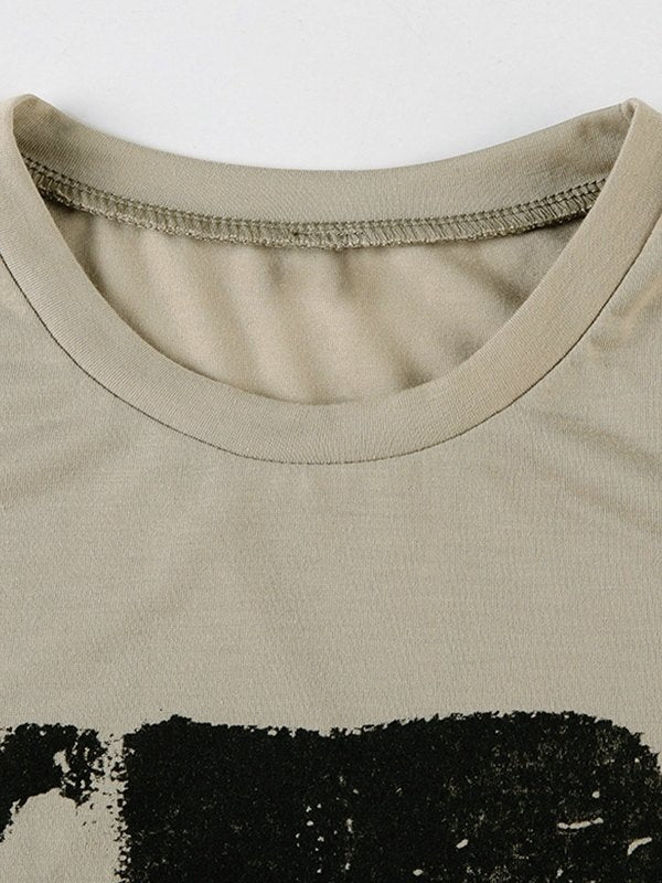 Khaki Vintage Printed Short Sleeve Crop Top