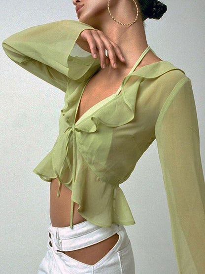 Green Sheer Mesh Long Sleeve Crop Blouse with Ruffle