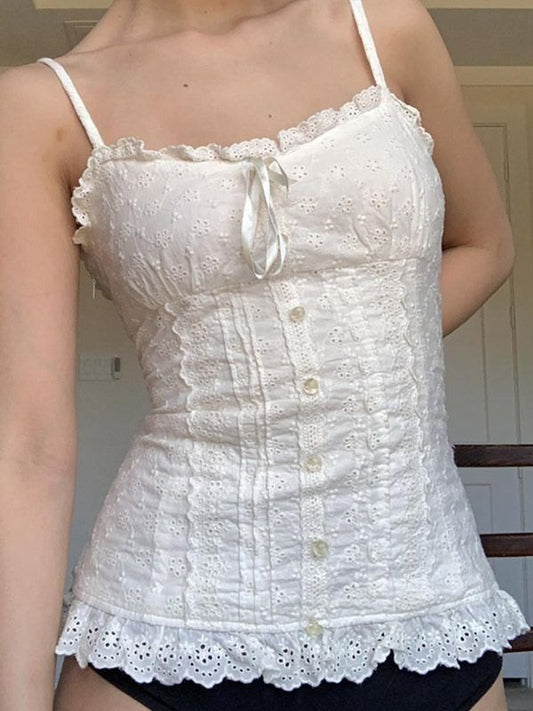 White Vintage Button Broidered Lace Cami Top
