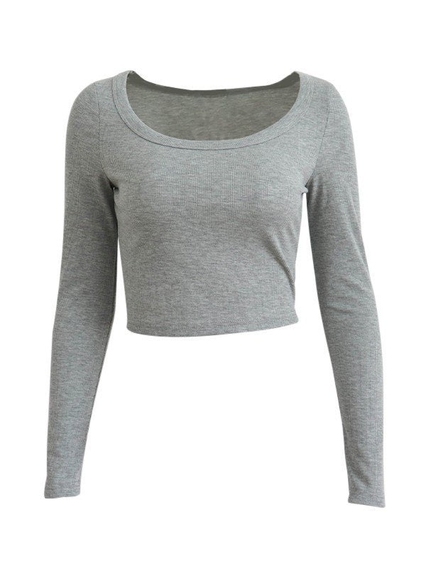 Grey Basic Long Sleeve Knit Crop Top