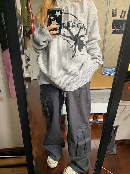 Grey Punk Ribbed Knit Sweater with Printed Spider