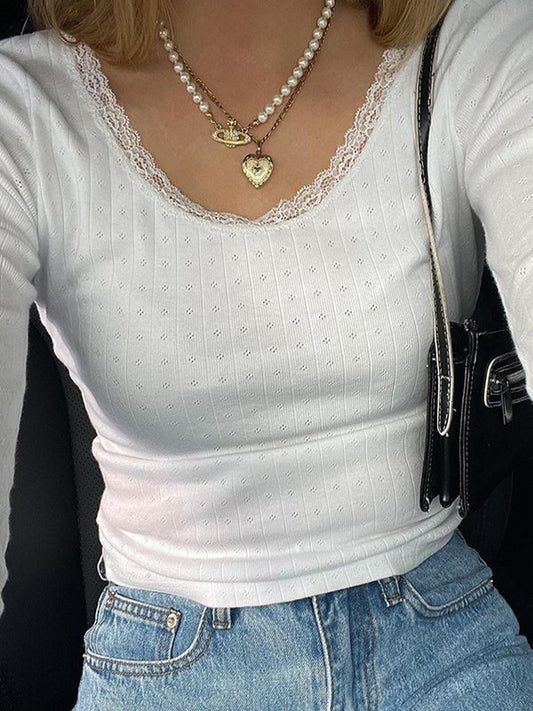 White Long Sleeve Knit Top with Lace Trim