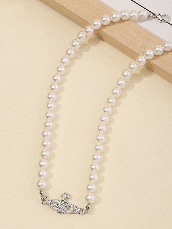 Vintage Faux Pearl Necklace with Planet Detail