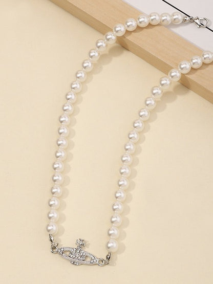 Vintage Faux Pearl Necklace with Planet Detail