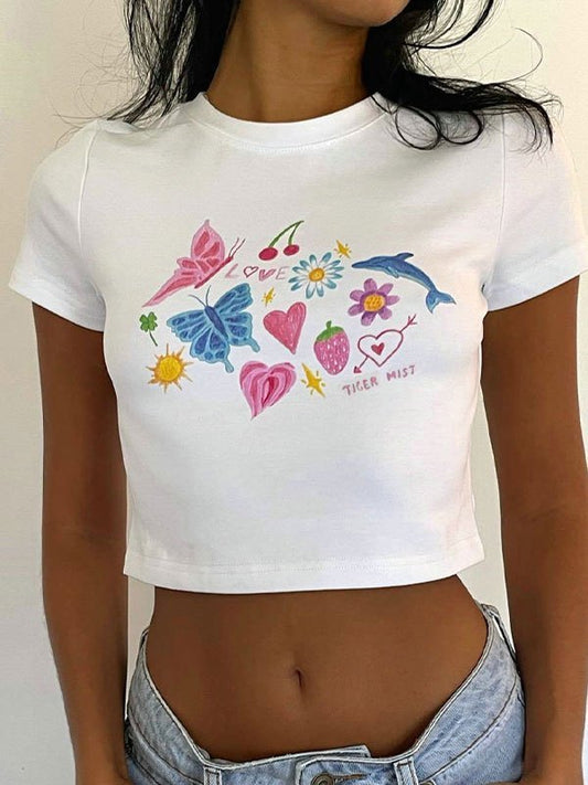 White Vintage Fruity Butterfly Print Crop Top