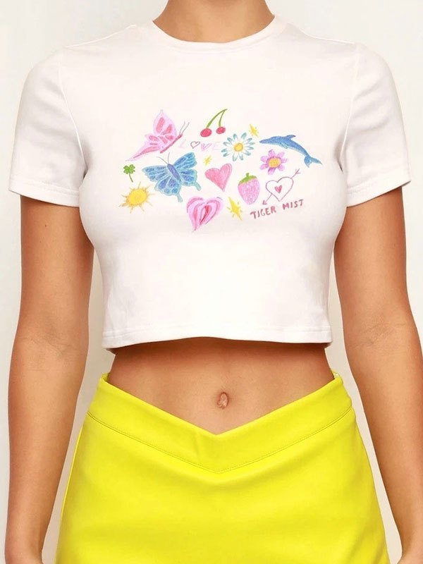 White Vintage Fruity Butterfly Print Crop Top