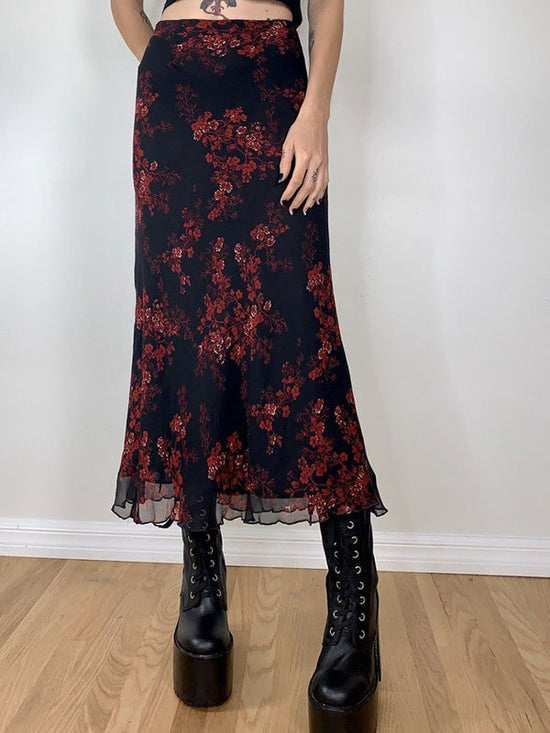 Vintage Floral Midi Skirt High Waist Mesh Irregular