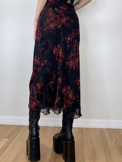 Vintage Mesh Paneled Midi Skirt with Floral Print