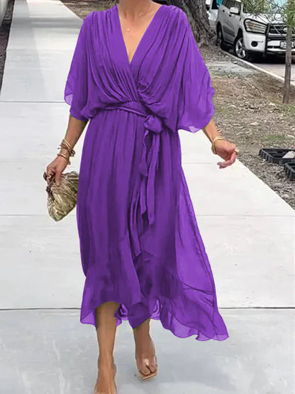 Women's Boho V-Neck Maxi Party Dress | with Tie Waist