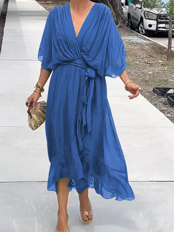 Women's Boho V-Neck Maxi Party Dress | with Tie Waist