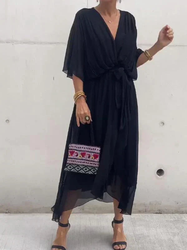 Women's Boho V-Neck Maxi Party Dress | with Tie Waist