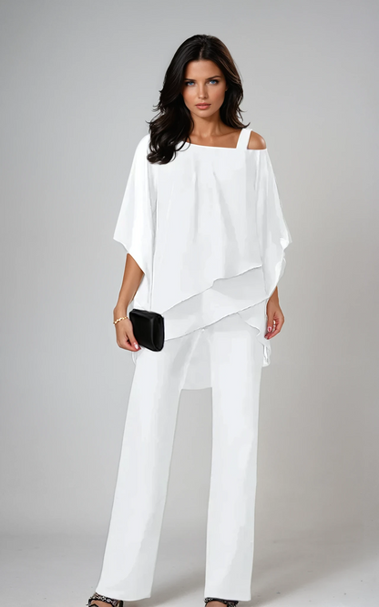 Women's 2-Piece Wedding Guest Outfit | Asymmetrical Top and Wide-Leg Pants