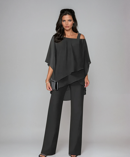 Women's 2-Piece Wedding Guest Outfit | Asymmetrical Top and Wide-Leg Pants