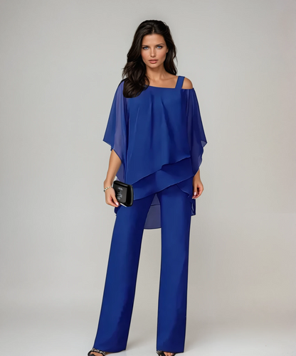 Women's 2-Piece Wedding Guest Outfit | Asymmetrical Top and Wide-Leg Pants