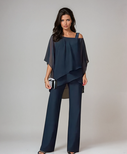 Women's 2-Piece Wedding Guest Outfit | Asymmetrical Top and Wide-Leg Pants