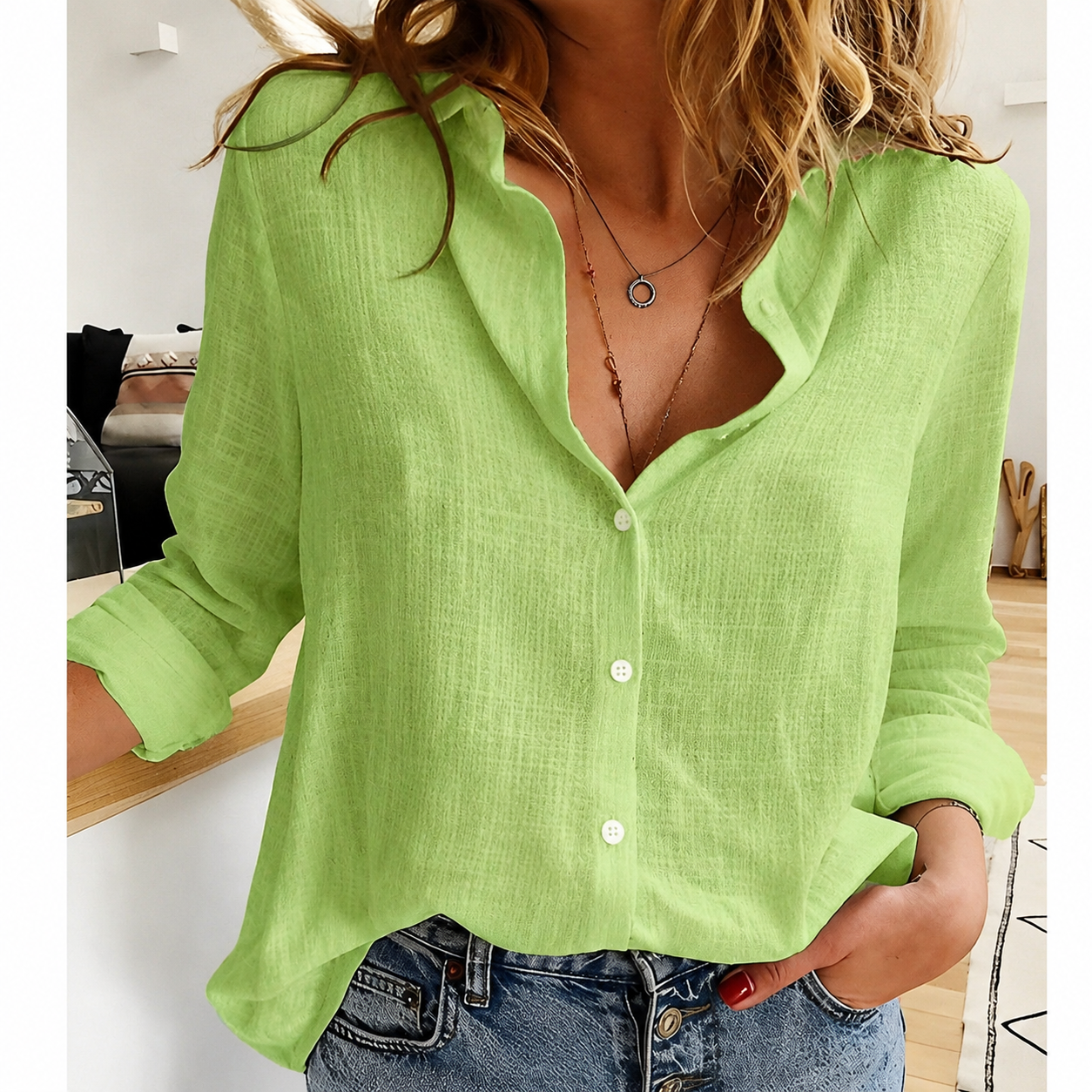 Women's V-Neck Button-Down Shirt | Long Sleeve