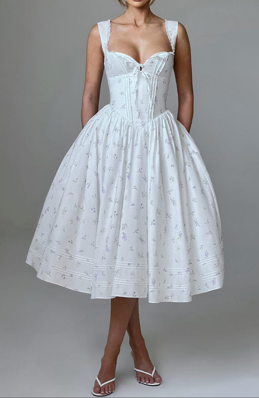 Robe mi-longue Romanadia - Imprimé floral multicolore blanc