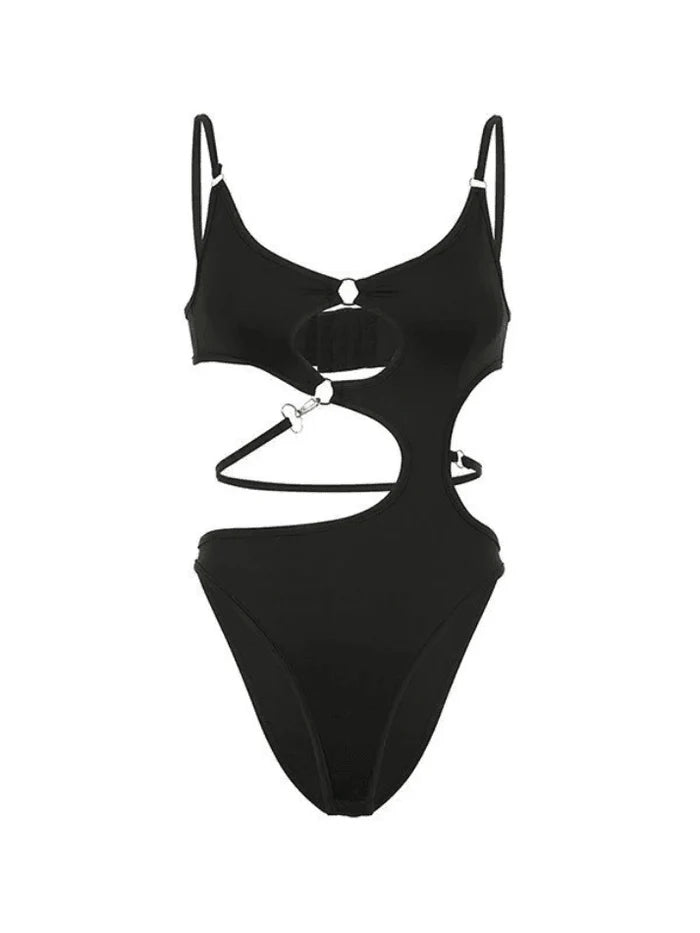 Black Sexy O Ring Cutout Cami Bodysuit