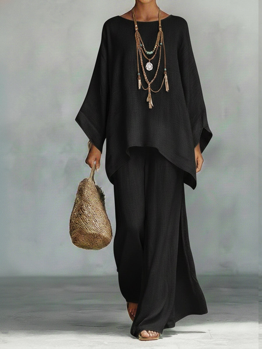 Women's Boho Tunic Top and Wide-Leg Pants Set | 2-Piece