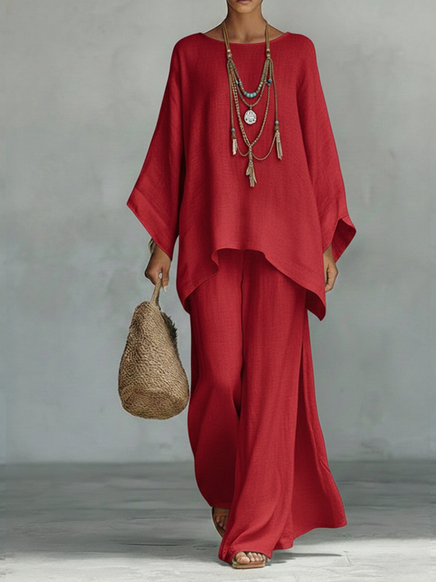 Women's Boho Tunic Top and Wide-Leg Pants Set | 2-Piece
