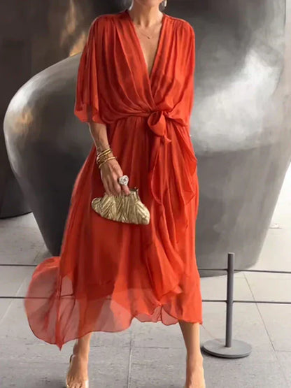 Women's Boho V-Neck Maxi Party Dress | with Tie Waist