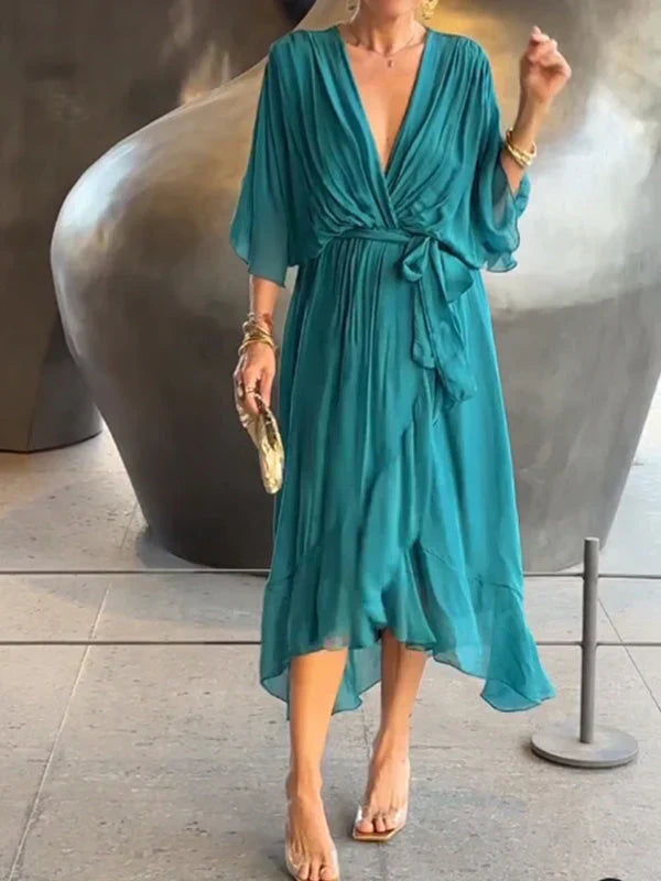 Women's Boho V-Neck Maxi Party Dress | with Tie Waist