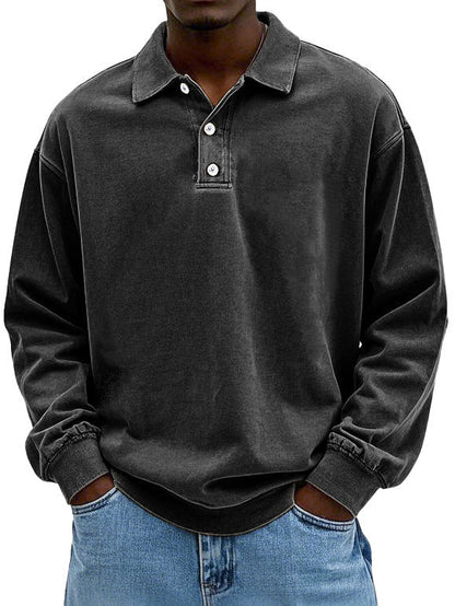 Men's Retro Long Sleeve Polo Shirt | Loose Fit